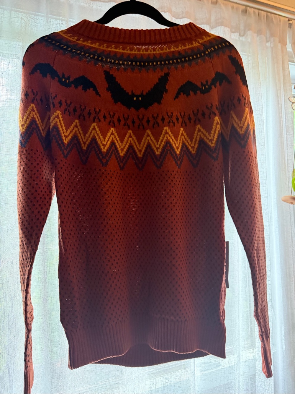 Modcloth Rust Orange Bat Crewneck Sweater with Yellow and Black Accents